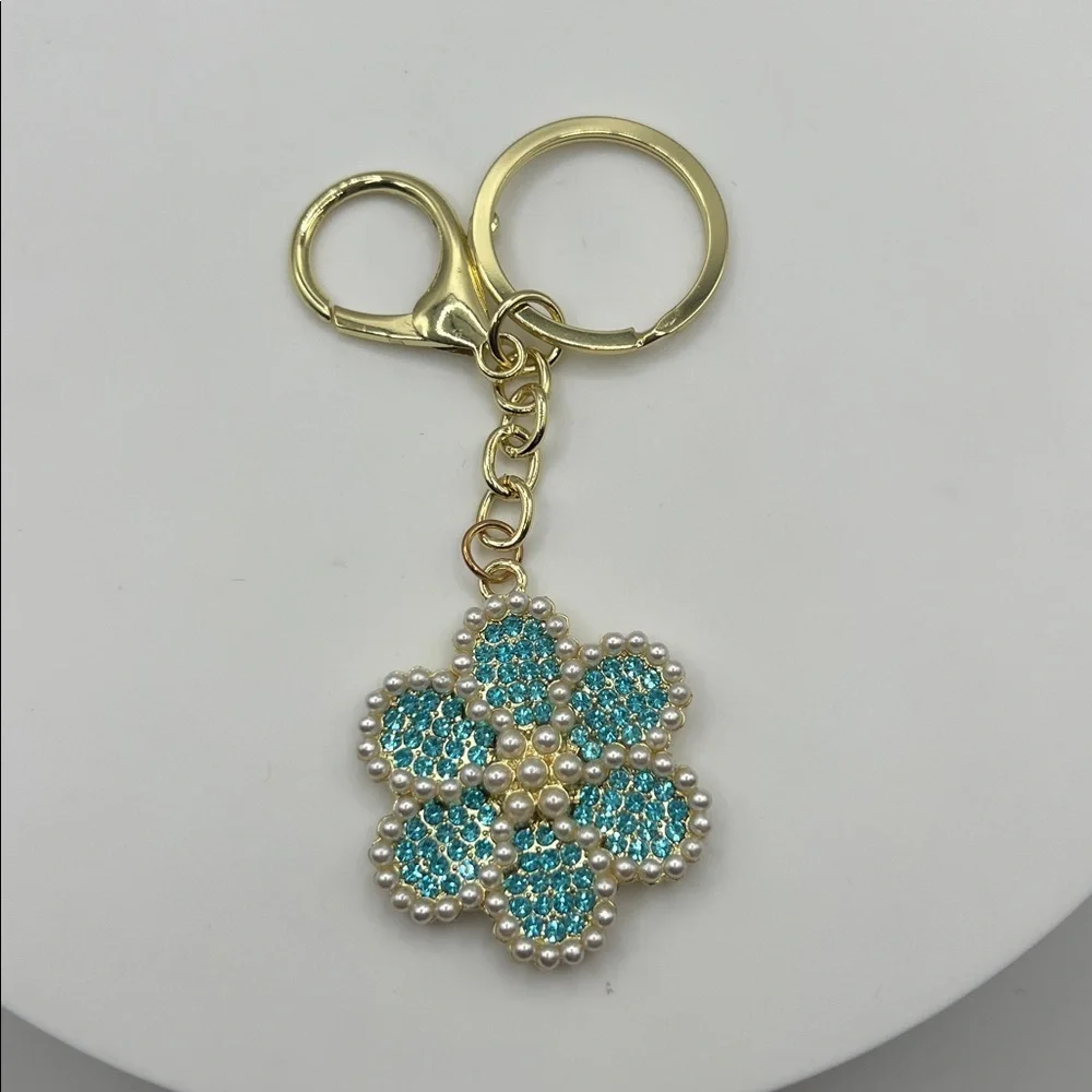 605. Gold and Blue Floral Keychain